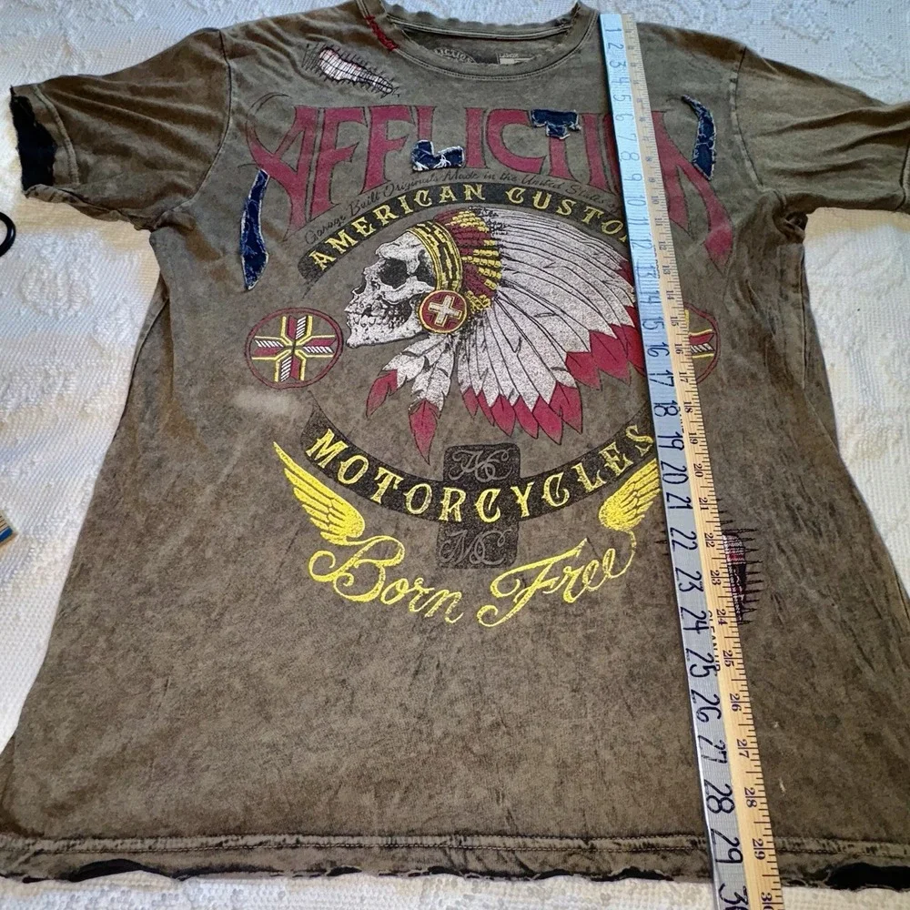 Affliction Skull Indian Motorcycle T Shirt Sz L Brown Black Grunge Look Distress